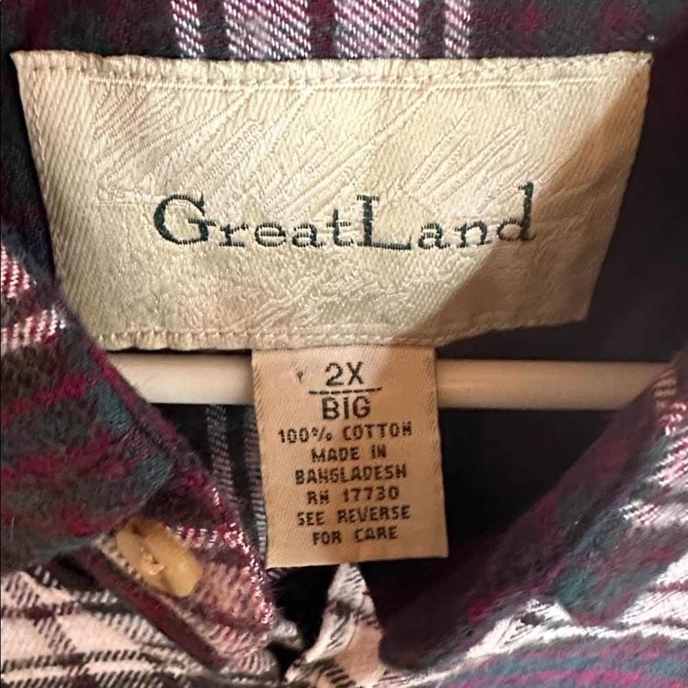 GreatLand Plaid Button-Down Flannel Shirt. Green w/ Red & White Stripes - Picture 5 of 9